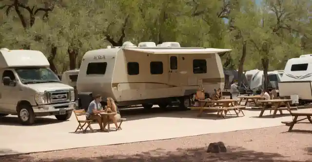 Sketch of people enjoying amenities and facilities at an Arizona-based KOA campground.