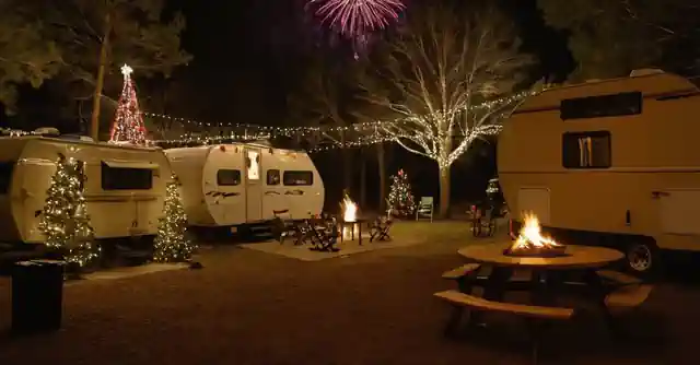 Camper at a uniquely decorated Christmas campground in Circle Pines KOA with sights of New Years Eve fireworks.