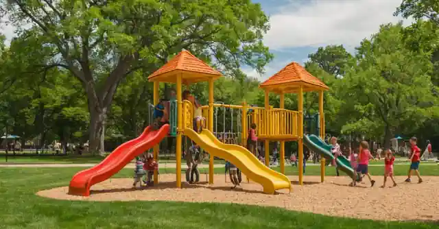 Children playing on playground equipment in the lush lawns of Liberty Park.