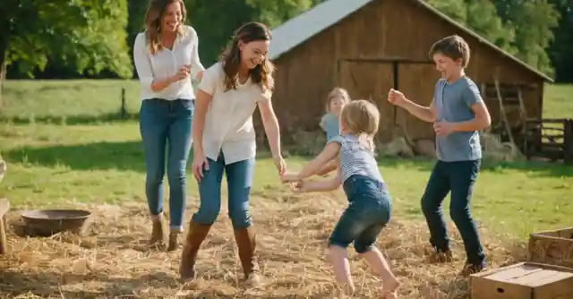 Family having fun and playing various games in a farm setting.