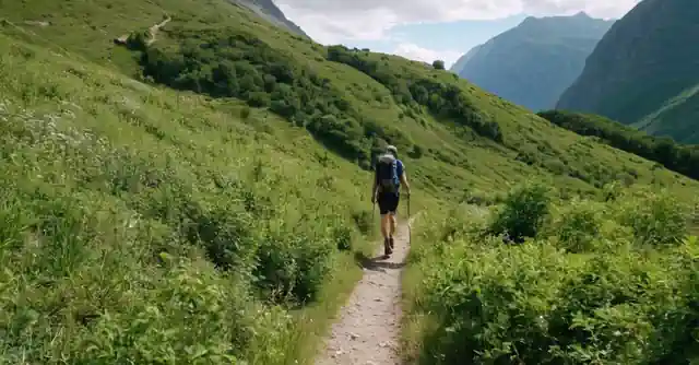 A person hiking on a trail with greenery and mountainous landscape in the vicinity.