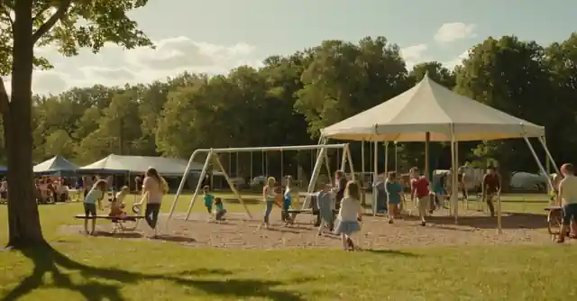 Children playing on playground equipment while parents sit at picnic tables under a marquee.