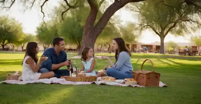 A family having a picnic on the grounds of MacDonalds Ranch in Scottsdale.