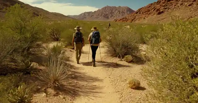 Hikers traversing diverse desert flora on the Bajada Nature Trail.