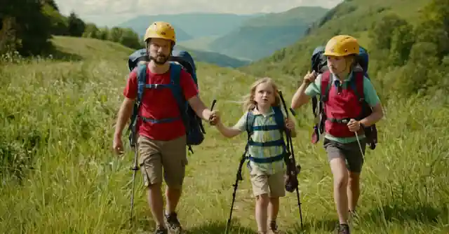 An adult guiding children on an outdoor adventure with safety equipment and watchful eyes.