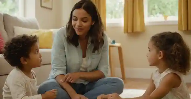 A couple in conversation with an experienced childcare professional at her home while kids play.