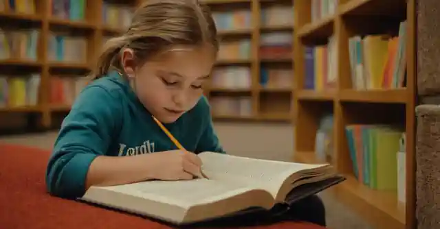 A child happily reading a book surrounded by schoolwork and books in the corner of an inviting library space.