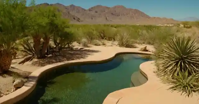 A scenic view of a lush oasis surrounded by the desert dunes, located at Oracle in the Desert.Please note that odisea en el desierto de Arizona is presumably referring to the Odysea Aquarium and Nature Preserve near Scottsdale, Arizona which can be considered as an aquatic paradise (un paraíso terrenal) amidst a desert landscape.