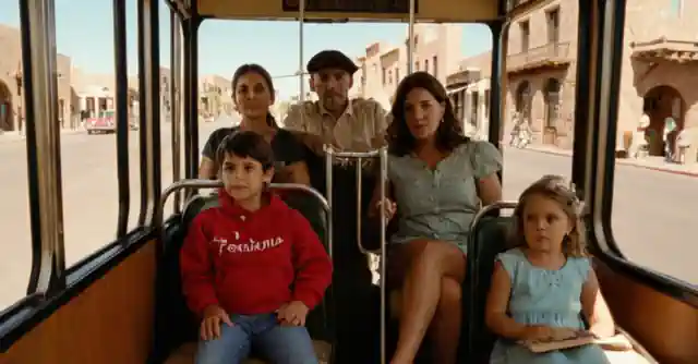 A family riding in a tram through the historic parts of Scottsdale.** Note ** : The phrase Paseo en el tranvía: Una forma única de explorar el casco antiguo translates to Tram ride: A unique way to explore the old town. The term casco antiguo is a Spanish phrase typically used in many Latin American and Spanish-speaking communities in North America, referring to the ancient or historic part of cities.