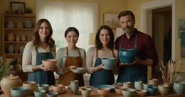 Family holding painted ceramics in a cozy home studio with art and craft supplies.