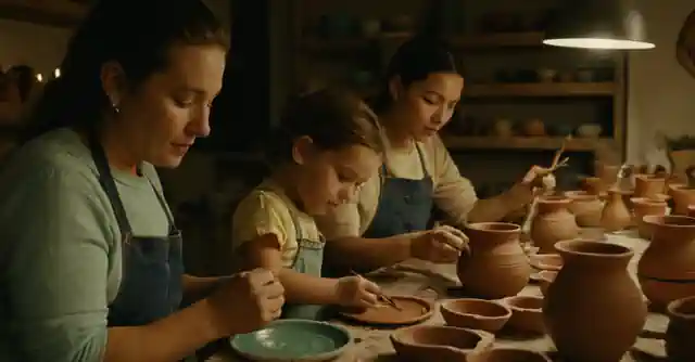 Family members painting pottery at night in a creative workshop.