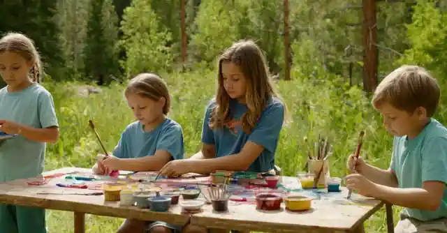 A group of children painting in an idyllic natural park setting at Paradise Valley Summer Camp.