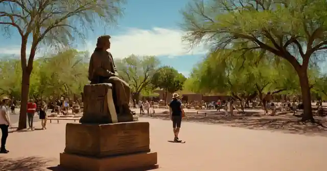 Tourists exploring Peters Park in Tempe filled with historical monuments and sculptures.
