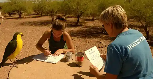 Volunteers caring for rescued birds at the Liberty Wildlife Sanctuve in Phoenix, Arizona with volunteer signs and fundraising materials.