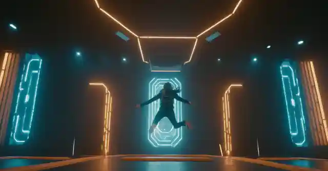 A person jumping and bouncing off high obstacles in the futuristic indoor facility, with the name Phoenix Gravity written on the top.