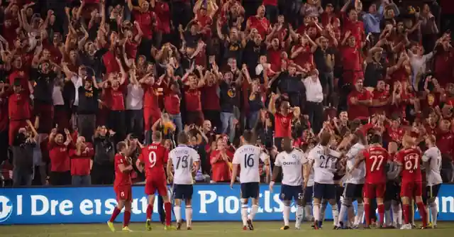 A football game between Phoenix Rising and Los Angeles Galaxy II with supporters at the Wild Horse Pass.