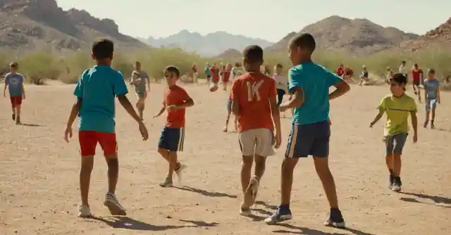 Group of children doing various sports activities at Phoenix City Camp in desert landscapes.