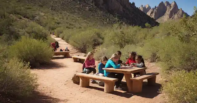 Children engaged in various learning stations along the Pinnacle Peak Summit trail.