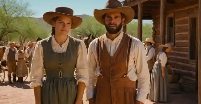 Visitors wearing pioneer attire at the Pioneer Living History Museum in Phoenix, Arizona.