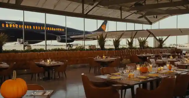A dining area themed as an airport hangar and pumpkin restaurant in Phoenix.