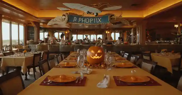 Restaurant sign displaying Phoenix Plane and Pumpkin Theme, surrounded by dining tables.