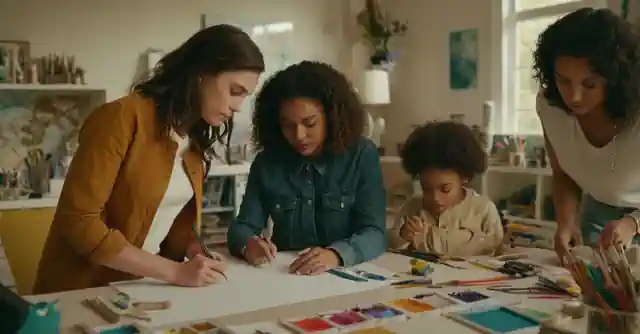 Family members working on projects together at a table filled with art supplies in Paper Planet.