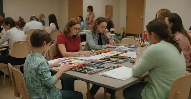 Family attending a workshop at the Phoenix Center for Learning filled with art supplies and guides.
