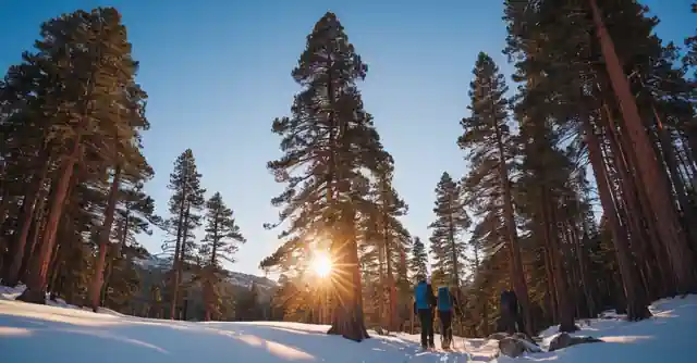 Outdoor hiking enthusiasts enjoying sunr juxtaposed with snowy pine trees in the foreground against an azure sky.