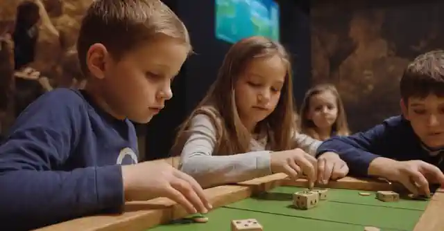 Children actively engaged in educational games at the interactive zone within the EDyVEU museum.