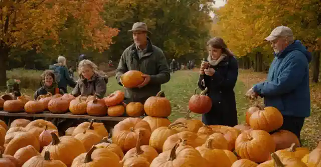 Excursionists enjoying a harvest and carving pumpkins at an impressive display of autumn produce.