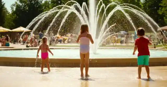 Fun family enjoying a sunny day at the splash pad with water features and various jets.