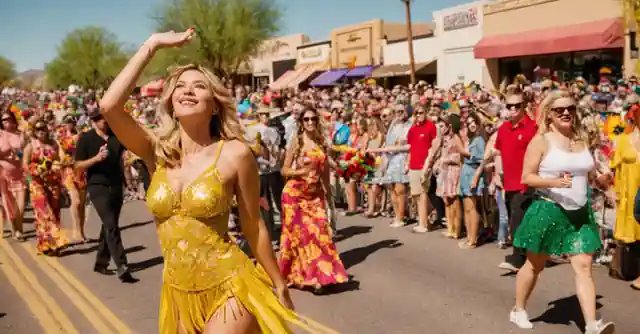 Photography session capturing the vibrant floats and dynamic crowd at the Scottsdale Solstice Parade.