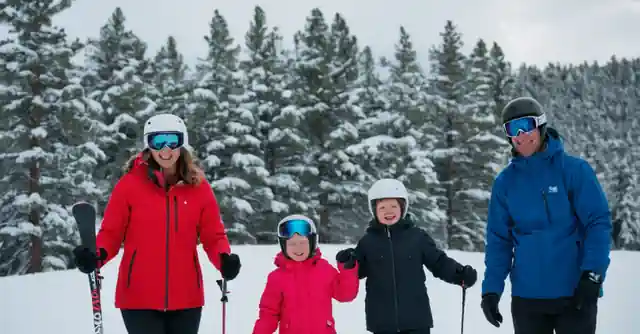 Family having fun in the snow at Flagstaff Snow Park with ski slopes and snow-covered trees in the background.