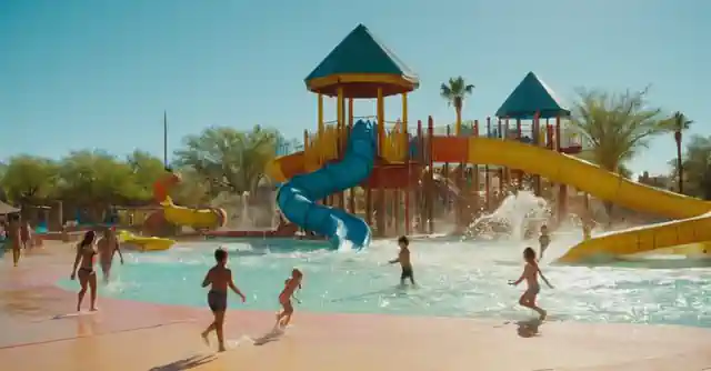 A family playing on various colorful water parks in the city of Chand groaning Arizona.