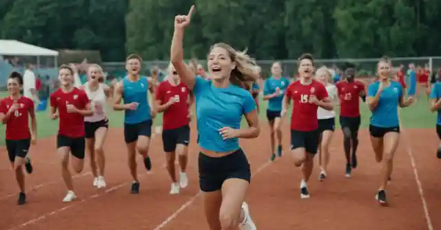 A lively celebration scene at the sports ground with beginner athletes training and cheering.