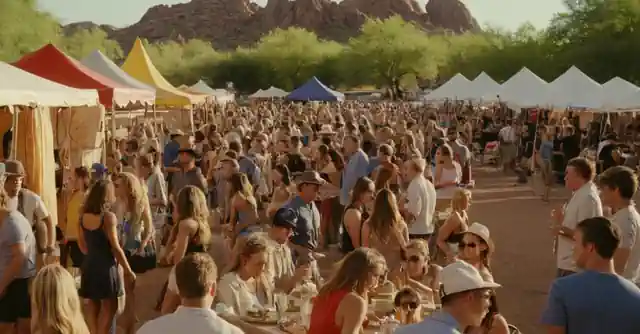 A festival scene in Phoenix with people enjoying music and food during summer.