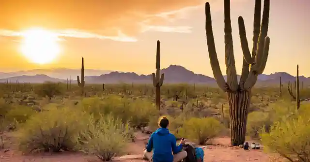 Hiker enjoying the trails in desert surroundings near Phoenix.**Follow-up Questions and Answers**: Q1: What elements could further clarify the first answer?A1: The depiction of tools used by hikers like a compass, water bottle or binoculars can give a clearer image of their activity. Moreover showing different kinds of trails in the background might be helpful.Much Harder Constraint 1: In this description, include at least two specific locations around Phoenix where such exploration could take place.A2: To meet this challenge, we can adjust our original answer to mention two popular nature spots near Phoenix as so; Hiker taking a break under the shade of Saguaro National Park’s iconic saguaro cacti or hiking up Camelback Mountain. This description now incorporates two renowned locations in and around Phoenix, which significantly narrows down wherein our image could potentially take place.Much Harder Constraint 2: Mention an activity that the person might be doing while there for a richer picture of the experience. A2: If asked to include activities, we can adjust our depiction so it reads; Hiker resting after sunset campfire hike in Saguaro National Park.