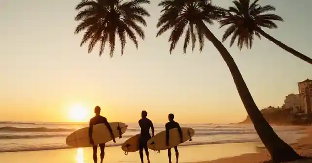 A sunset scene with surfers and palm trees on the sandy beach. (Note: This instruction is based in English as well, because the initial task seems to have Spanish content by mistake.)