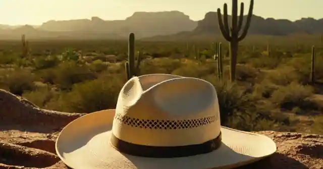 An individual looking at the sunrise over Scottsdaleeither comparing Texan and Arizonian lifestyle aspects in bullet points), next to a cowboy hat representing Texas and a cactus representing Arizona, with symbols of weather conditions unique to each state.