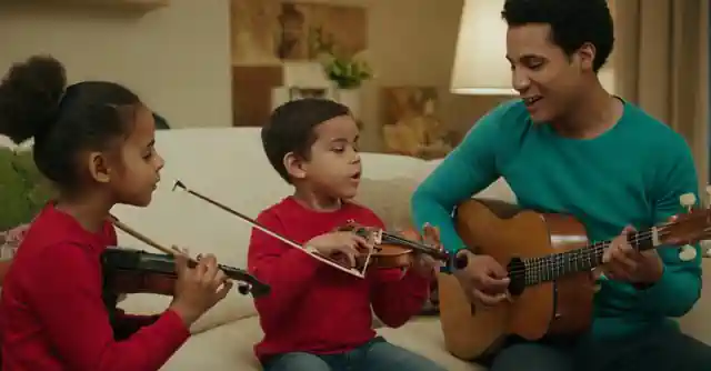 A group of children playing musical instruments together with their parents in a fun and engaging environment. Note: This response is given based on the context that Actividades implies activities or tasks, which relates to practicing music as an activity for development through enjoyment within a family setting.