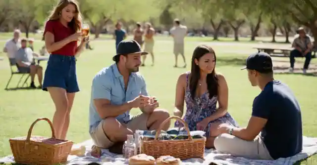 Outdoor group engaging in a picnic activity at the Gilbert Park in Arizona.