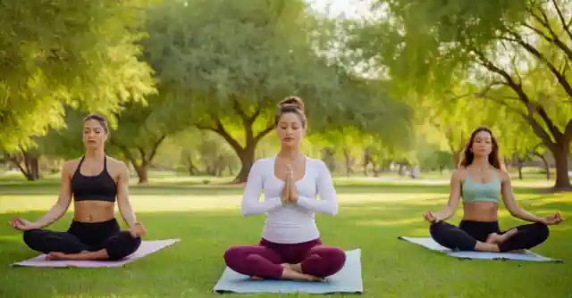 A family performing different yoga poses in a green park in Laveen.