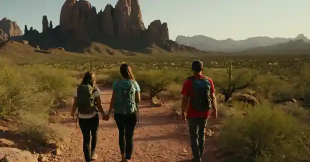 Family hiking in the Superstition Mountains.