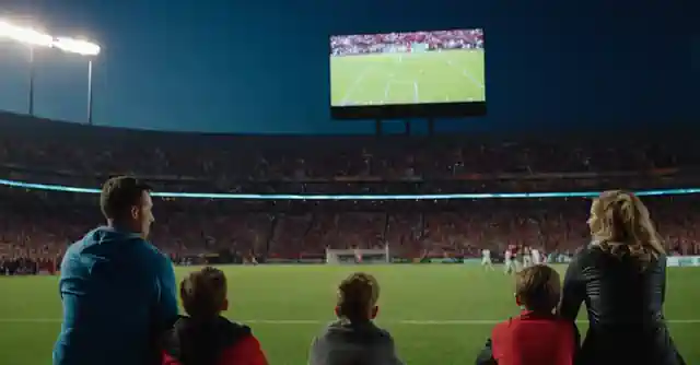 Family enjoying the game with scoreboard and stadium in sight.