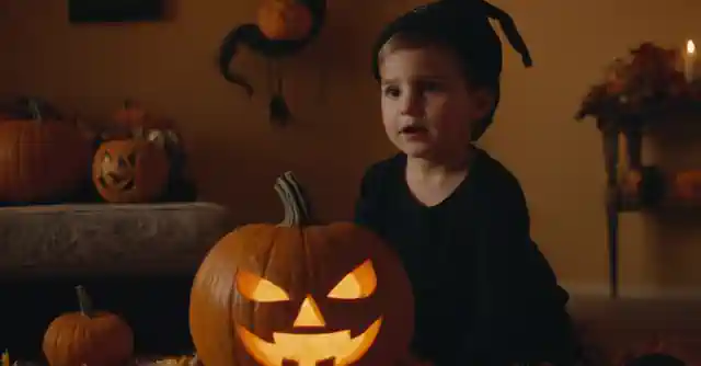 A kid happily playing with creative Halloween decorations in Phoenix, backed by spooky electronic music.