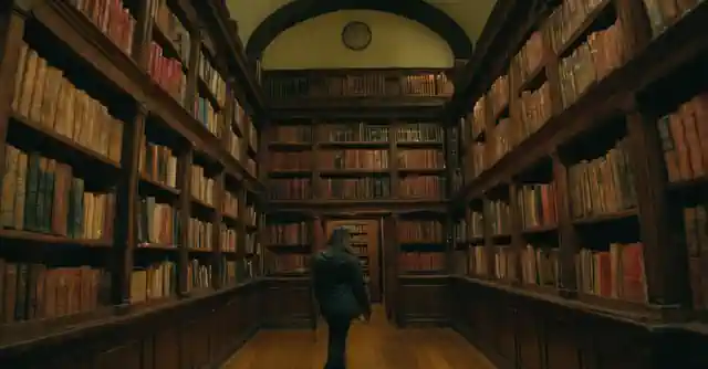 A person exploring the diverse collection at Queens Creeks renowned Castle Library.