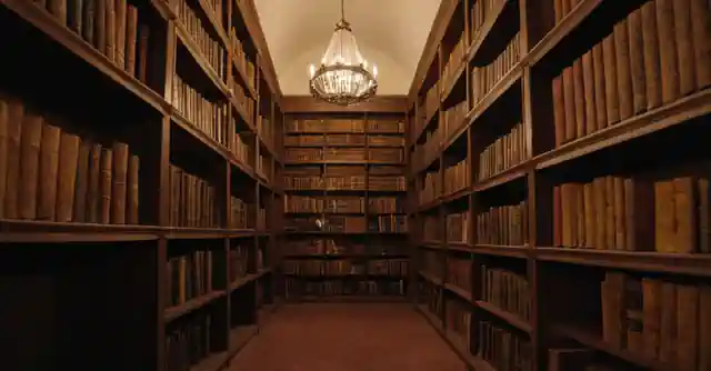 Bookshelves filled with books in the Castle Library at Queen Creek under exploration.
