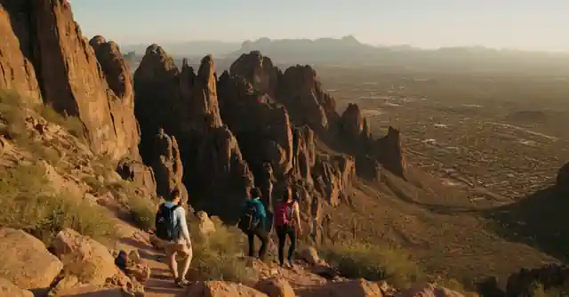 Family trekking atop Superstition Mountain near Phoenix.