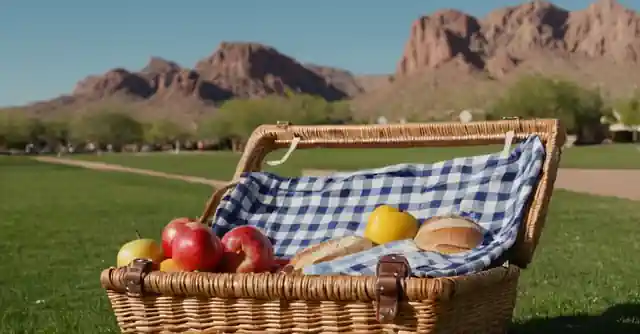 Picnic basket in beautiful outdoor scenery with diverse leisure activities and people enjoeing them in the town of Goodyear, Arizona.