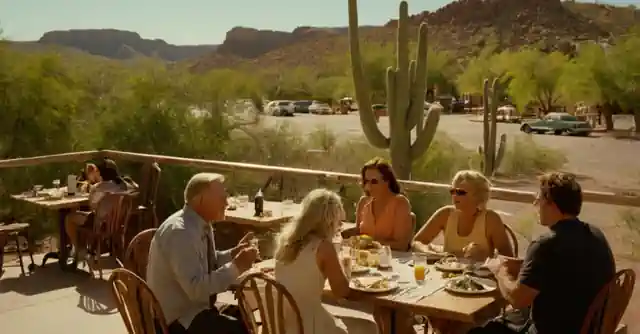 Families enjoying a meal at a restaurant in the sunny and picturesque town of Wickenburg, Arizona, surrounded by local scenery.